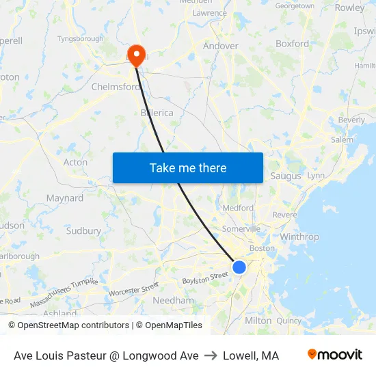 Ave Louis Pasteur @ Longwood Ave to Lowell, MA map