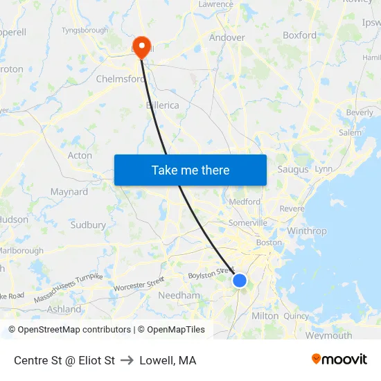 Centre St @ Eliot St to Lowell, MA map