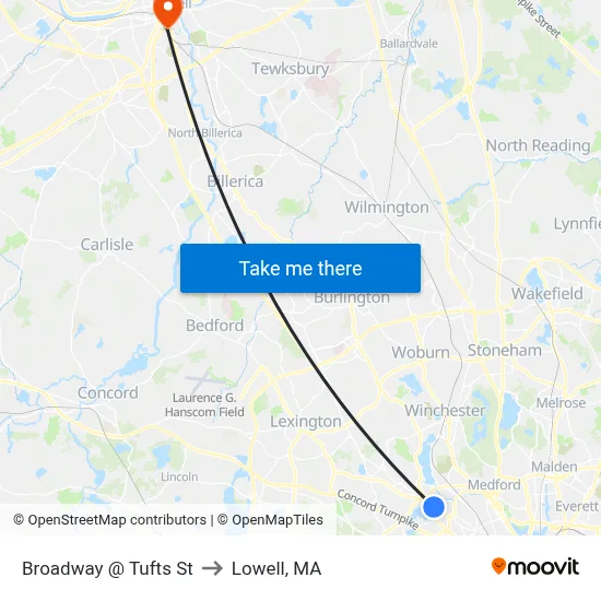 Broadway @ Tufts St to Lowell, MA map