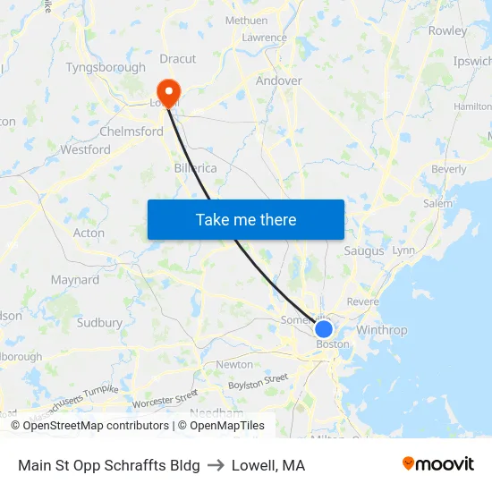 Main St Opp Schraffts Bldg to Lowell, MA map