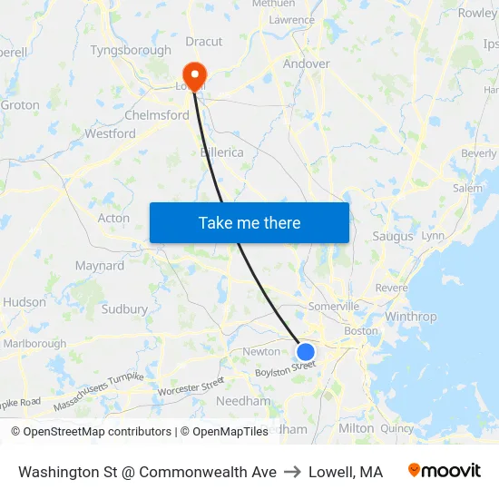 Washington St @ Commonwealth Ave to Lowell, MA map
