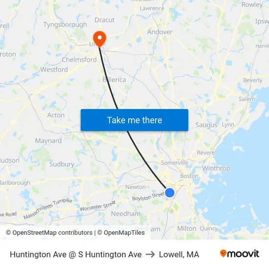 Huntington Ave @ S Huntington Ave to Lowell, MA map