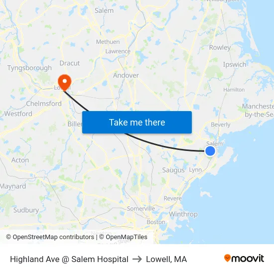 Highland Ave @ Salem Hospital to Lowell, MA map