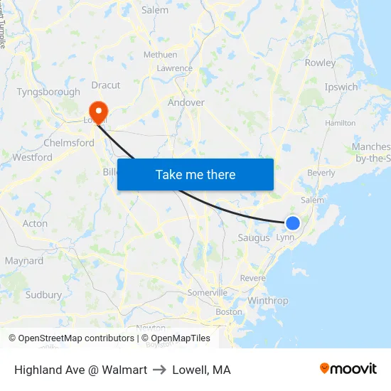 Highland Ave @ Walmart to Lowell, MA map