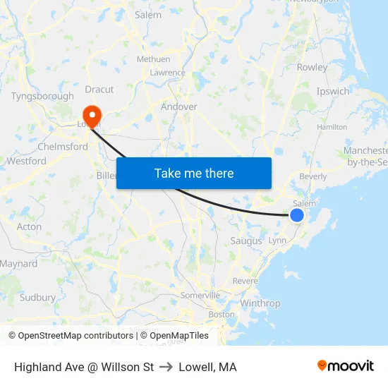 Highland Ave @ Willson St to Lowell, MA map
