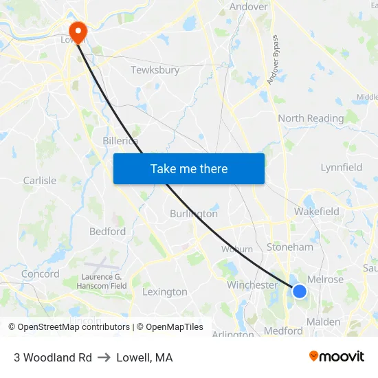 3 Woodland Rd to Lowell, MA map
