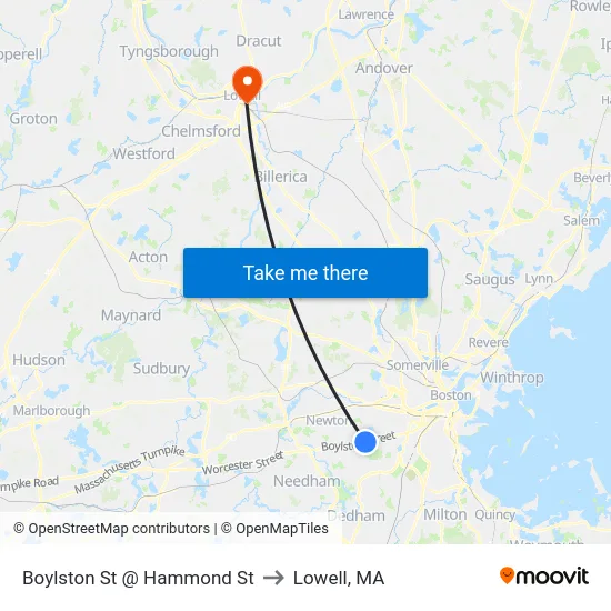 Boylston St @ Hammond St to Lowell, MA map