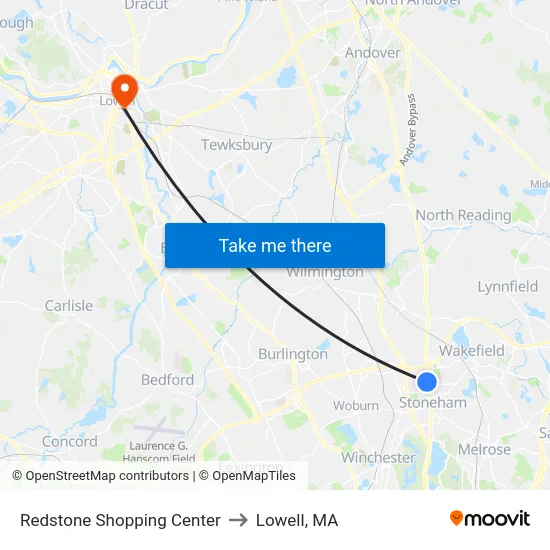 Redstone Shopping Center to Lowell, MA map