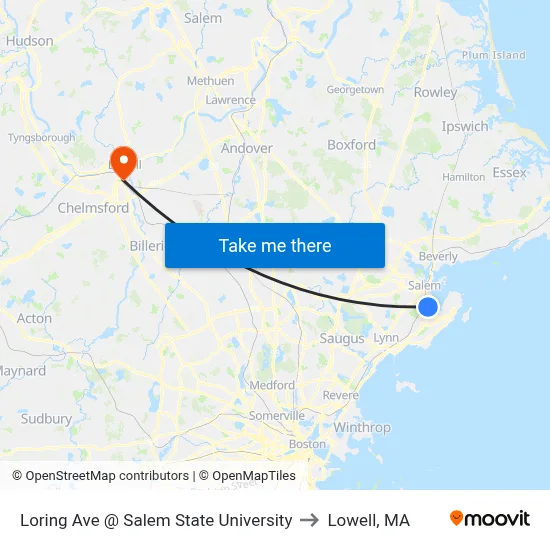 Loring Ave @ Salem State University to Lowell, MA map