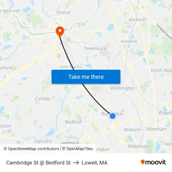 Cambridge St @ Bedford St to Lowell, MA map