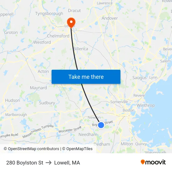 280 Boylston St to Lowell, MA map