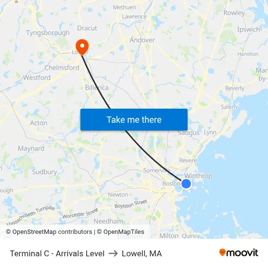 Terminal C - Arrivals Level to Lowell, MA map