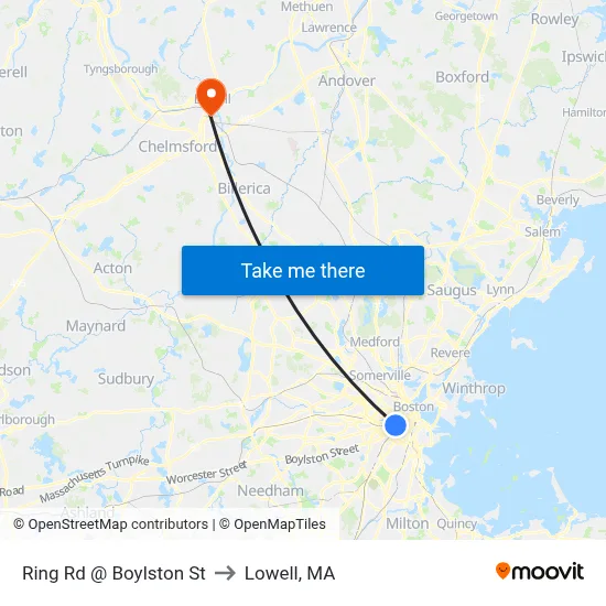 Ring Rd @ Boylston St to Lowell, MA map