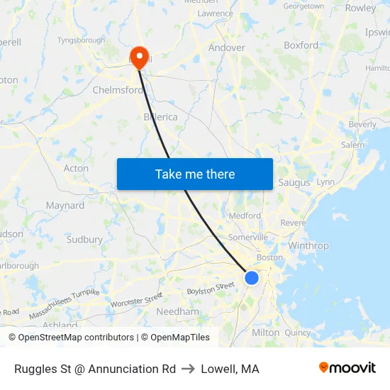 Ruggles St @ Annunciation Rd to Lowell, MA map