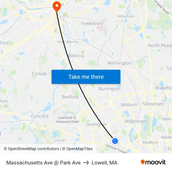 Massachusetts Ave @ Park Ave to Lowell, MA map