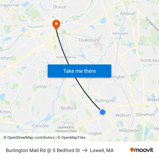 Burlington Mall Rd @ S Bedford St to Lowell, MA map