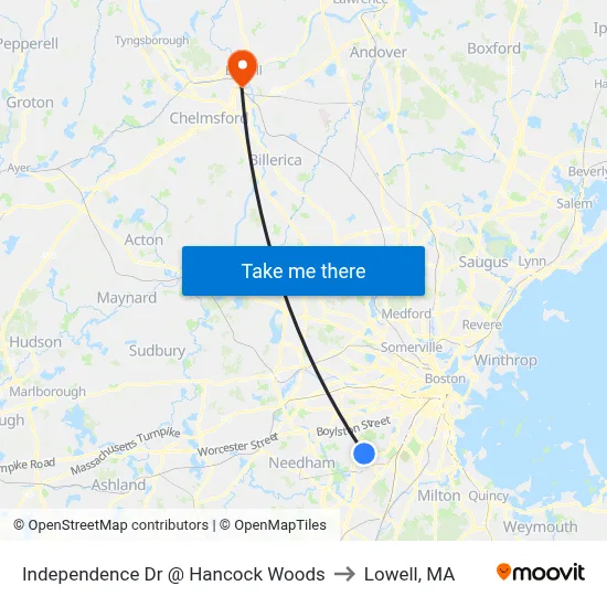 Independence Dr @ Hancock Woods to Lowell, MA map