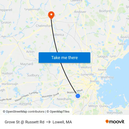 Grove St @ Russett Rd to Lowell, MA map