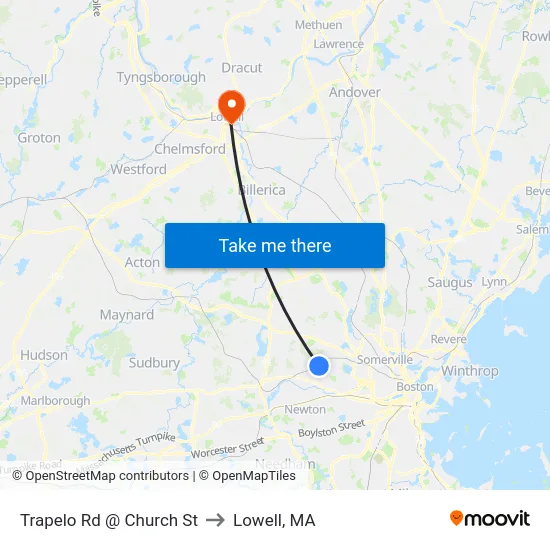 Trapelo Rd @ Church St to Lowell, MA map