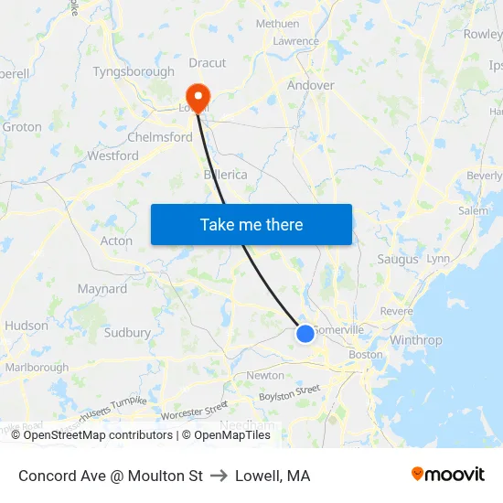 Concord Ave @ Moulton St to Lowell, MA map