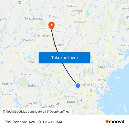 799 Concord Ave to Lowell, MA map