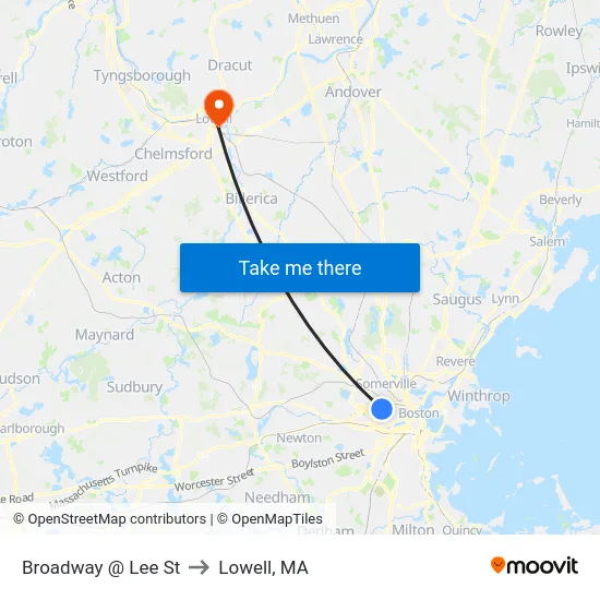 Broadway @ Lee St to Lowell, MA map