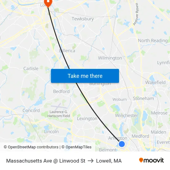 Massachusetts Ave @ Linwood St to Lowell, MA map