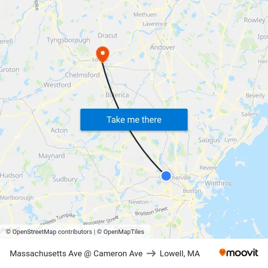 Massachusetts Ave @ Cameron Ave to Lowell, MA map