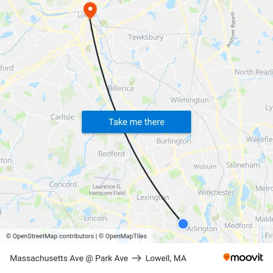 Massachusetts Ave @ Park Ave to Lowell, MA map