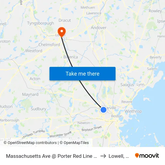 Massachusetts Ave @ Porter Red Line Sta to Lowell, MA map