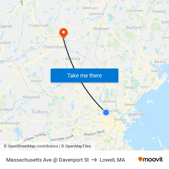 Massachusetts Ave @ Davenport St to Lowell, MA map