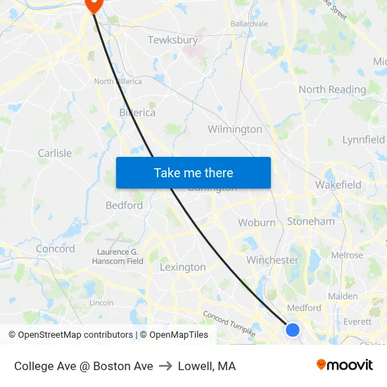 College Ave @ Boston Ave to Lowell, MA map