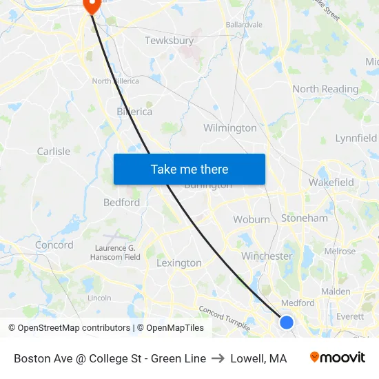 Boston Ave @ College St - Green Line to Lowell, MA map