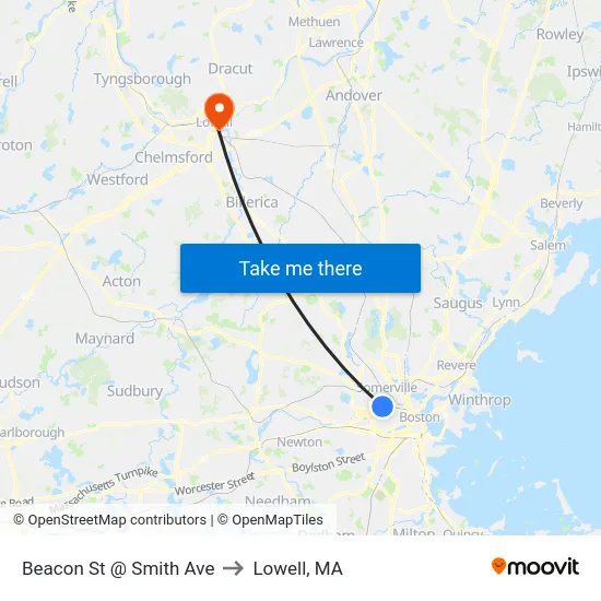Beacon St @ Smith Ave to Lowell, MA map