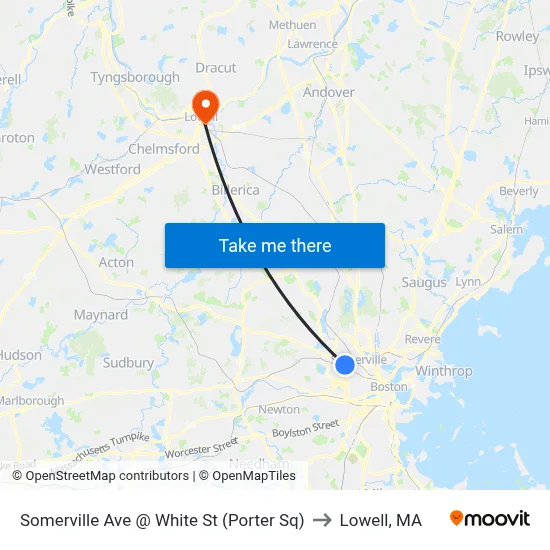 Somerville Ave @ White St (Porter Sq) to Lowell, MA map