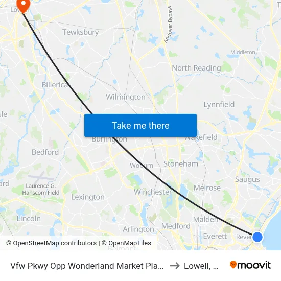 Vfw Pkwy Opp Wonderland Market Place to Lowell, MA map