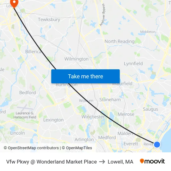 Vfw Pkwy @ Wonderland Market Place to Lowell, MA map