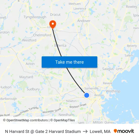 N Harvard St @ Gate 2 Harvard Stadium to Lowell, MA map