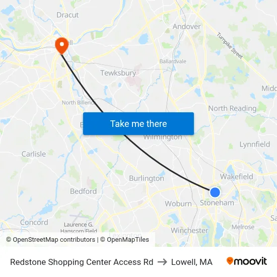 Redstone Shopping Center Access Rd to Lowell, MA map