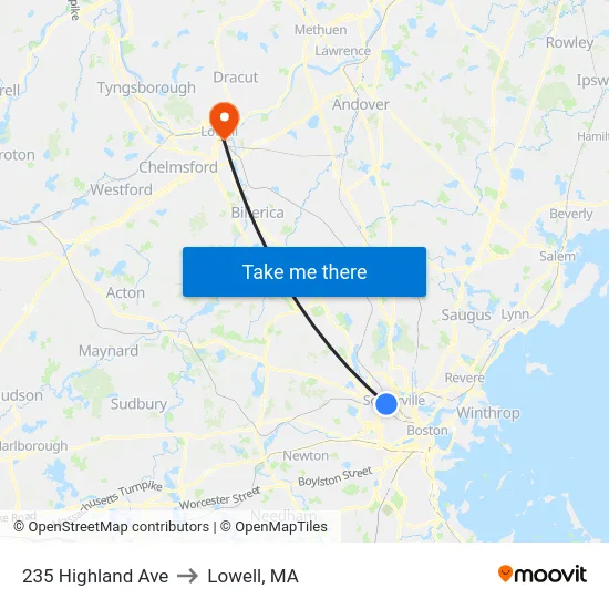 235 Highland Ave to Lowell, MA map