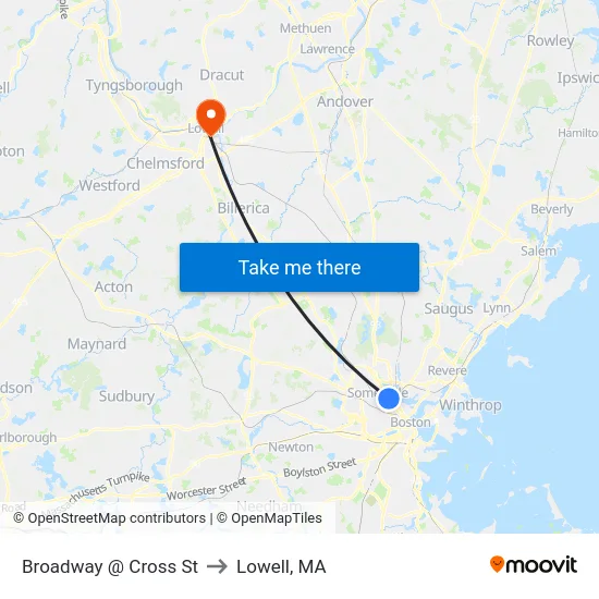 Broadway @ Cross St to Lowell, MA map