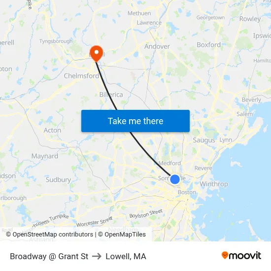 Broadway @ Grant St to Lowell, MA map