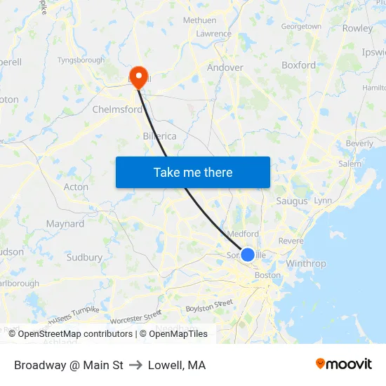 Broadway @ Main St to Lowell, MA map