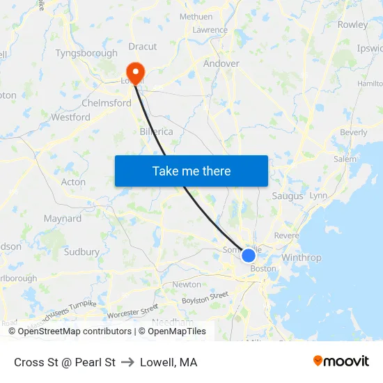 Cross St @ Pearl St to Lowell, MA map