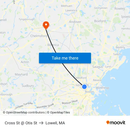 Cross St @ Otis St to Lowell, MA map