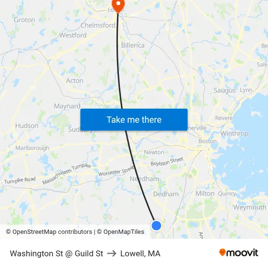 Washington St @ Guild St to Lowell, MA map