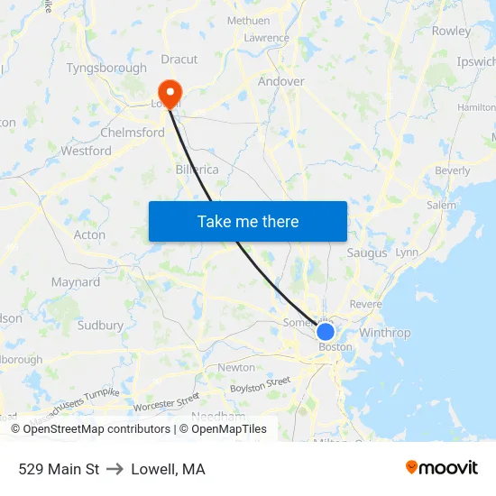 529 Main St to Lowell, MA map