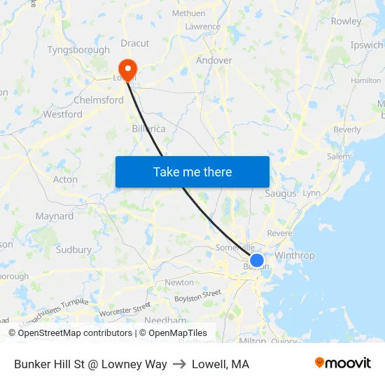 Bunker Hill St @ Lowney Way to Lowell, MA map
