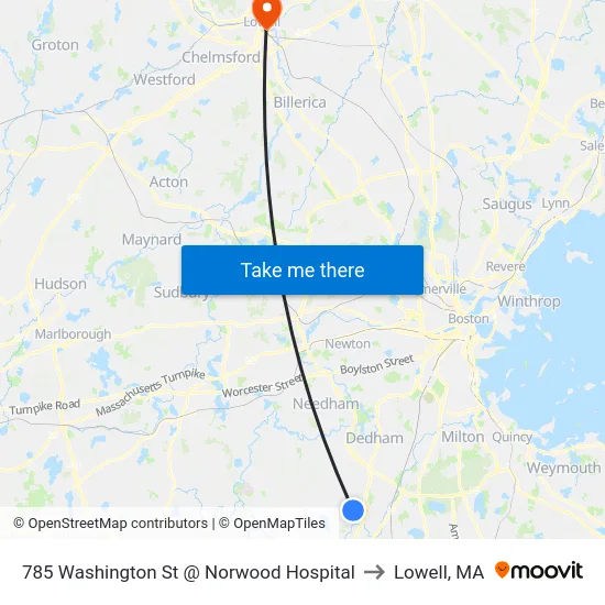 785 Washington St @ Norwood Hospital to Lowell, MA map