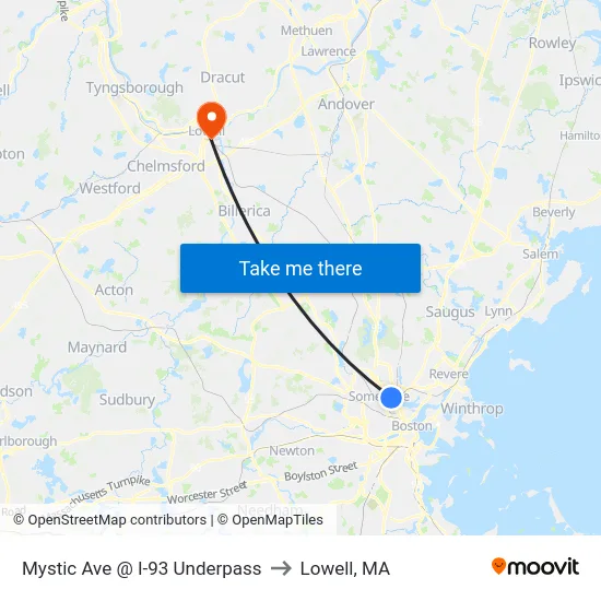 Mystic Ave @ I-93 Underpass to Lowell, MA map